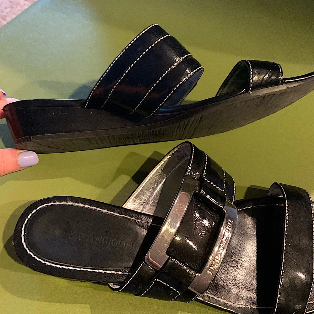 Enzo Angiolini Sandals Black Silver Buckle 8 Slip On Slides Everyday Classic